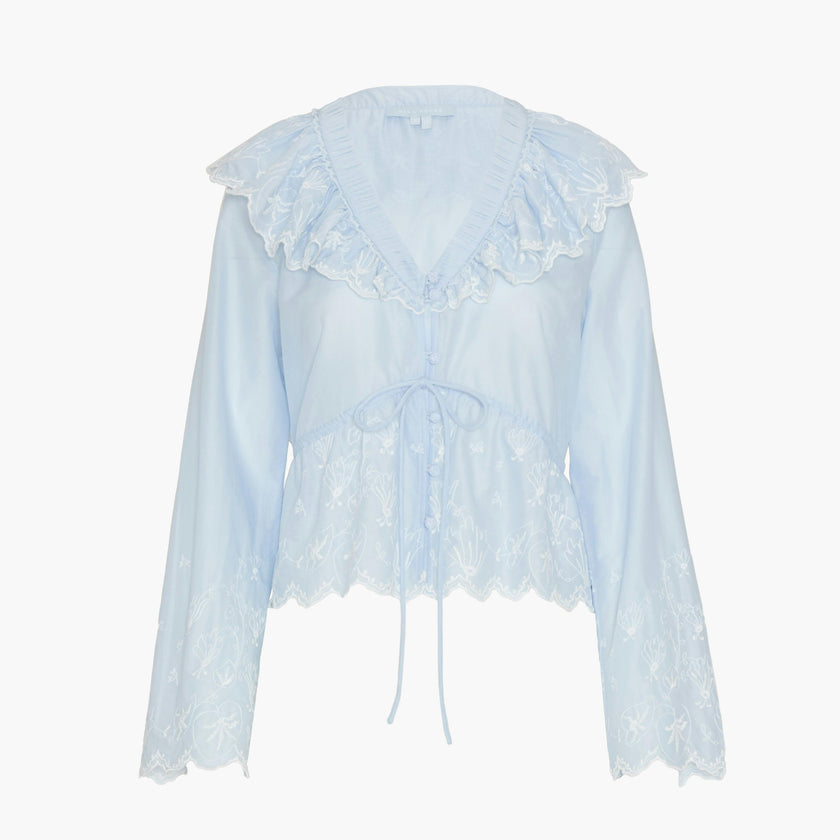The Zoya Top - Powder Blue with White Embroidery