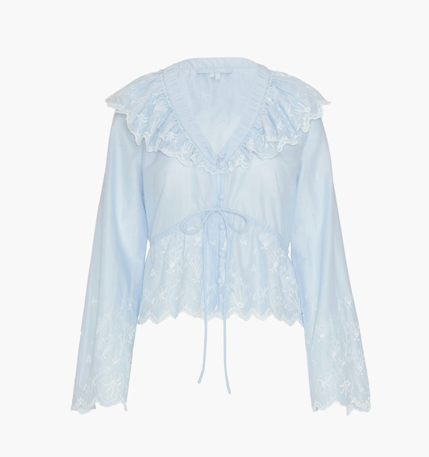 The Zoya Top - Powder Blue with White Embroidery
