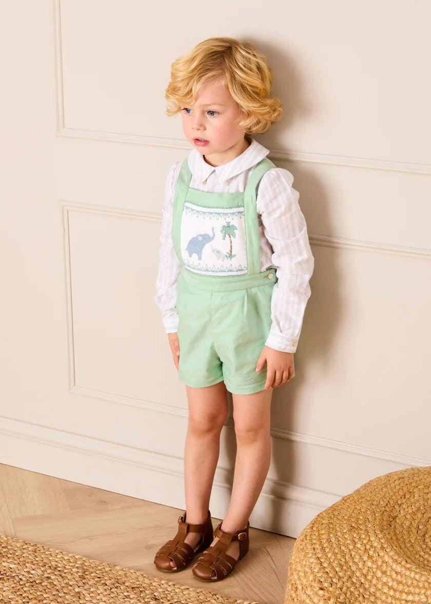 Elephant Embroidered Smocked Dungarees in Sage Green (18mths-4yrs)