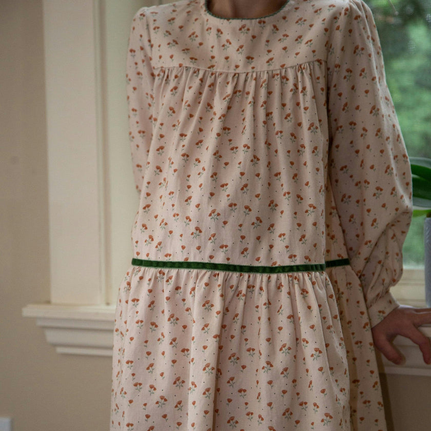 Piper Tiered Dress with Velvet Trim | Beige Petals