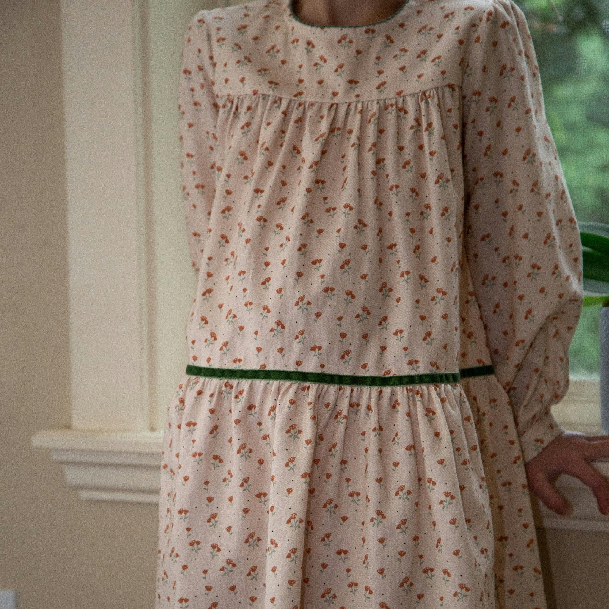Piper Tiered Dress with Velvet Trim | Beige Petals