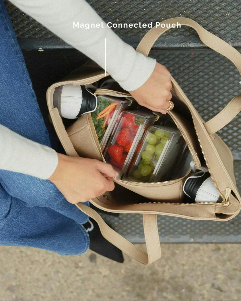 Vegan Leather Work Tote Bag with Removable Insulated Pouch, Cream Croc