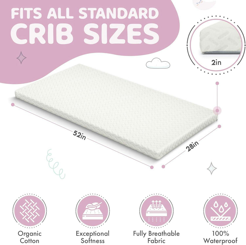 2” Crib Mattress Topper Memory Foam – Waterproof & Breathable Soft Cover