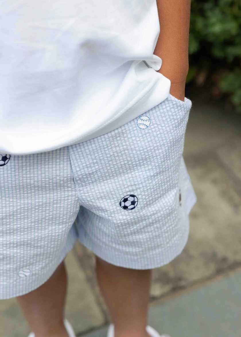 Check Seersucker Short W/Embroidered Sport Balls