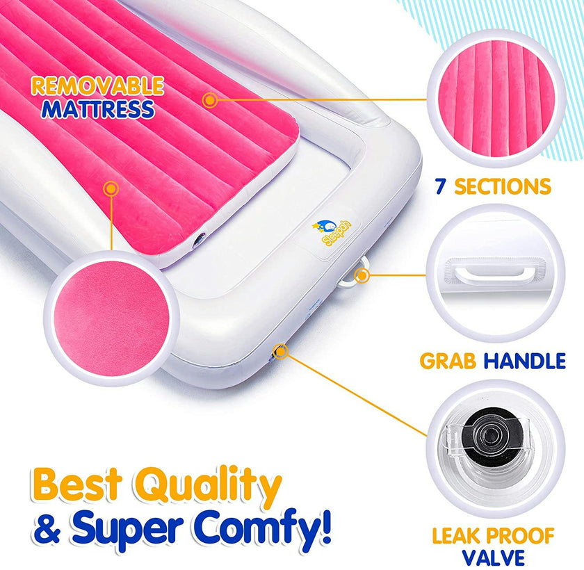 Inflatable Toddler Travel Bed – Kids Blow Up Air Mattress + Safety Bumpers