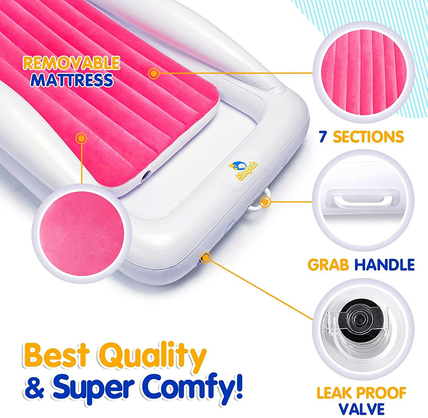 Inflatable Toddler Travel Bed – Kids Blow Up Air Mattress + Safety Bumpers