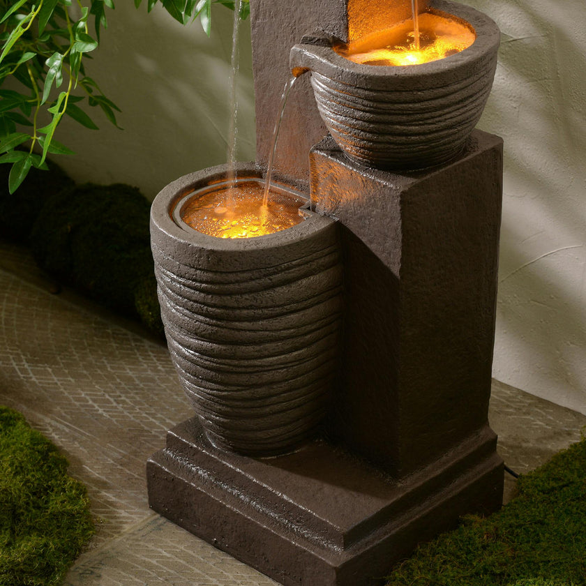 Teamson Home Horizontal Ribbed Pattern Outdoor Water Fountain with Warm Glow Lighting