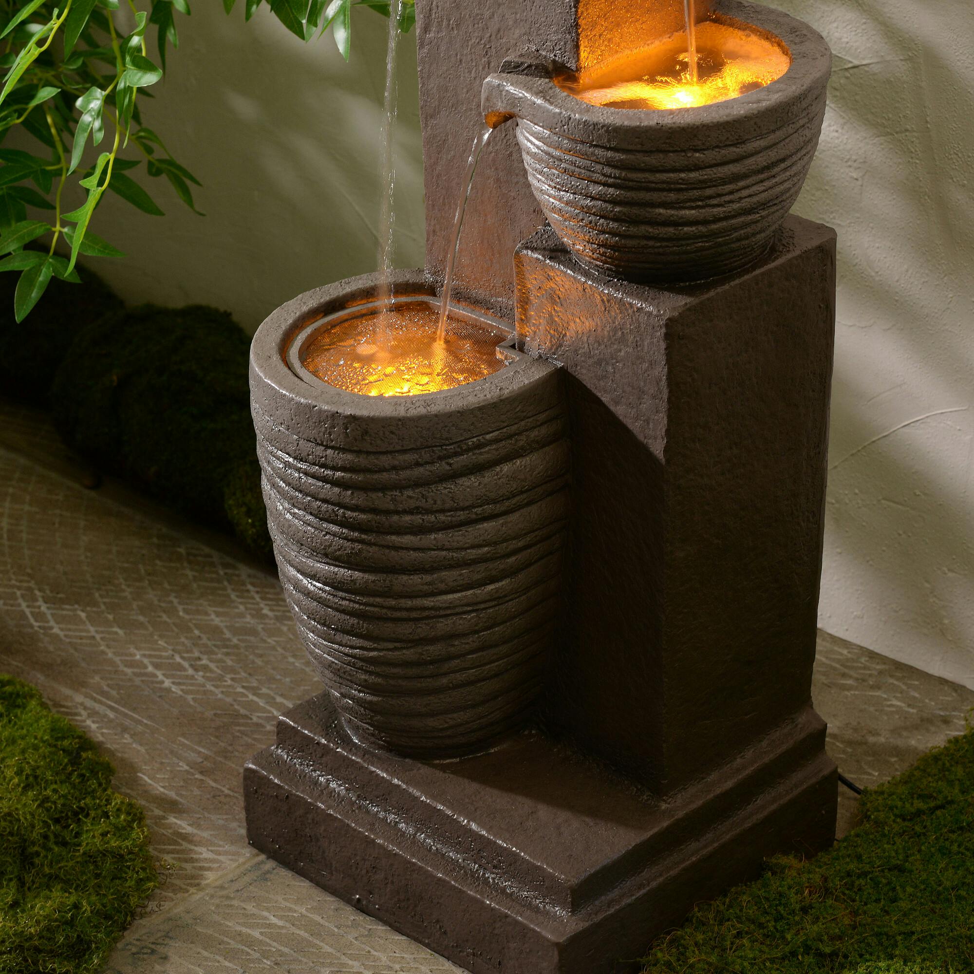 Teamson Home Horizontal Ribbed Pattern Outdoor Water Fountain with Warm Glow Lighting