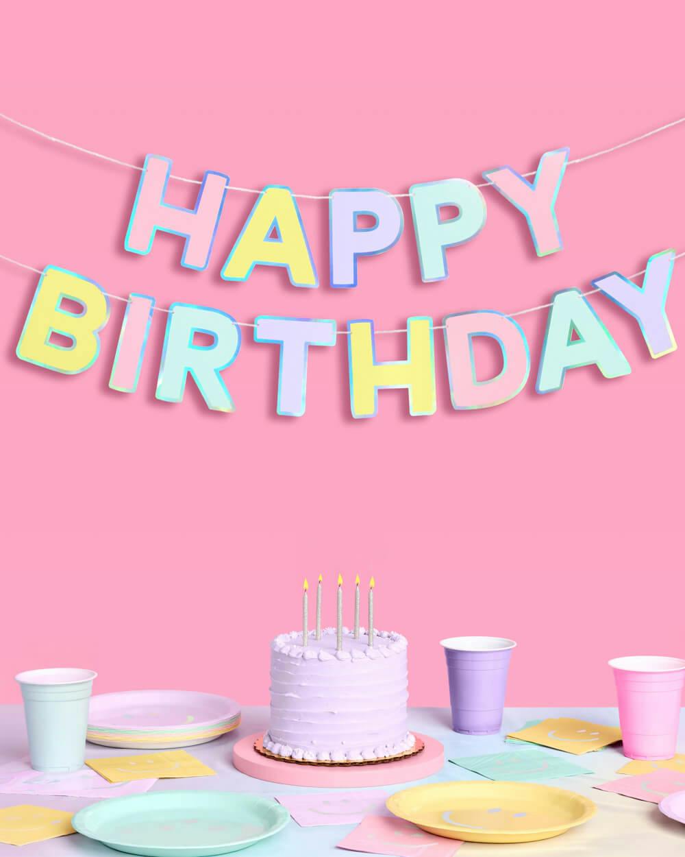 Happy Birthday Banner - pastel iridescent garland