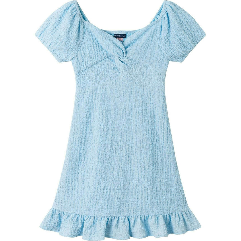 Tween Girls Textured Twist-Front Puff Sleeve Dress | Blue Twist