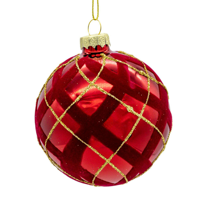 Kurt Adler 80MM Glass Flocked Red With Gold Glittered Design Ball Ornaments, 6-Piece Set
