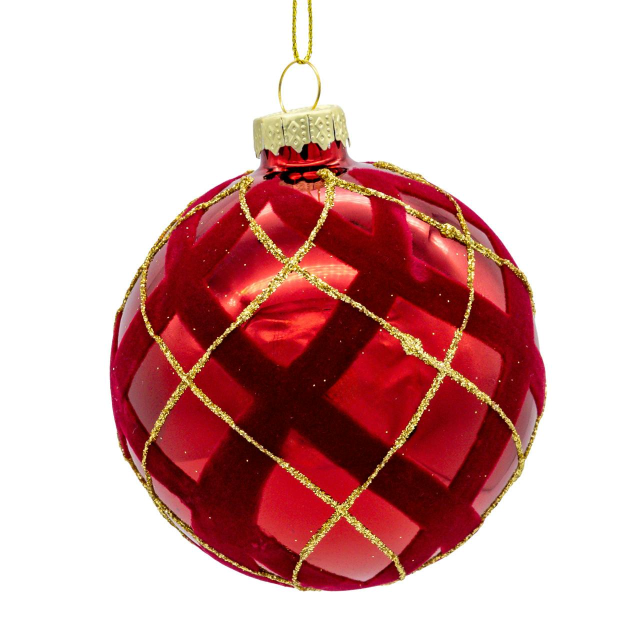 Kurt Adler 80MM Glass Flocked Red With Gold Glittered Design Ball Ornaments, 6-Piece Set