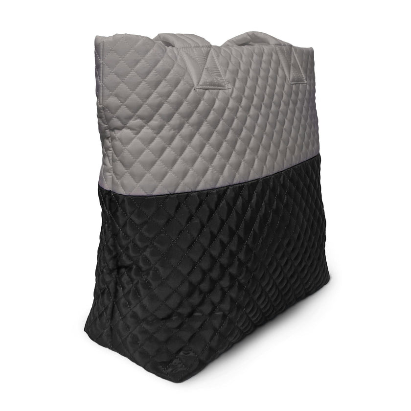 Newport Two-Tone Quilted Tote Bag with Zipper Closure - Light Grey/Black
