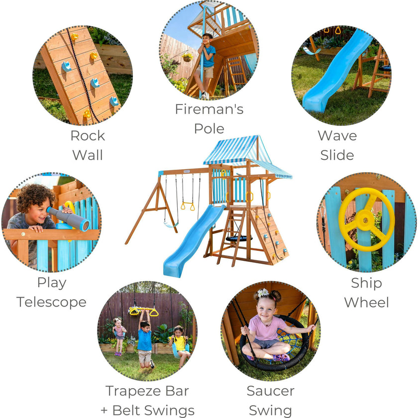Teamson Kids Laguna Wooden Swing Set with Slide & Rock Wall