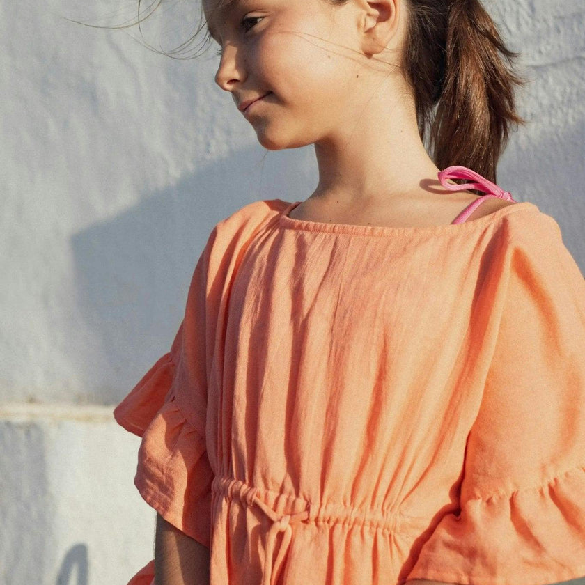 Girl's kaftan with pompoms, coral neon | LEA