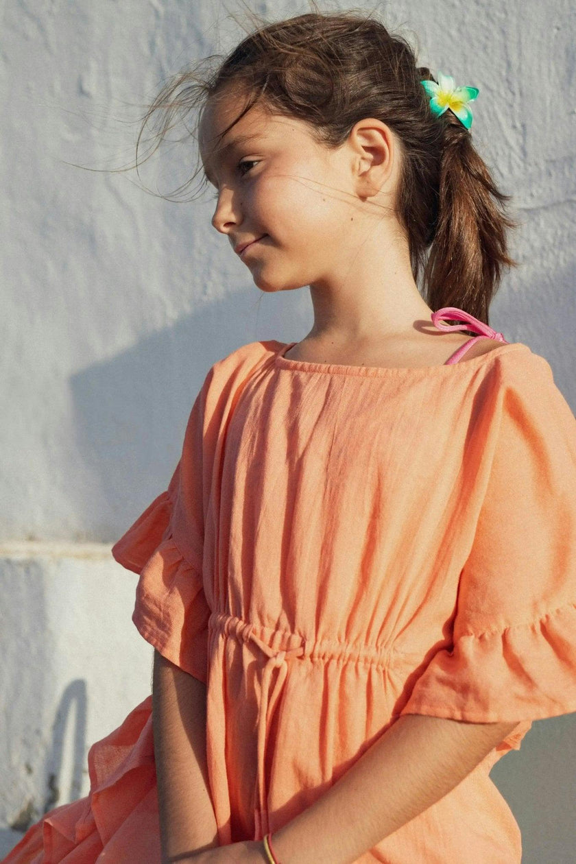 Girl's kaftan with pompoms, coral neon | LEA