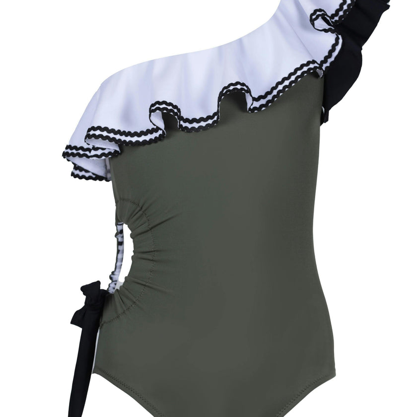 Jade Contrast Ric-Rac Ruffle One-Shoulder Cut-Out Swimsuit