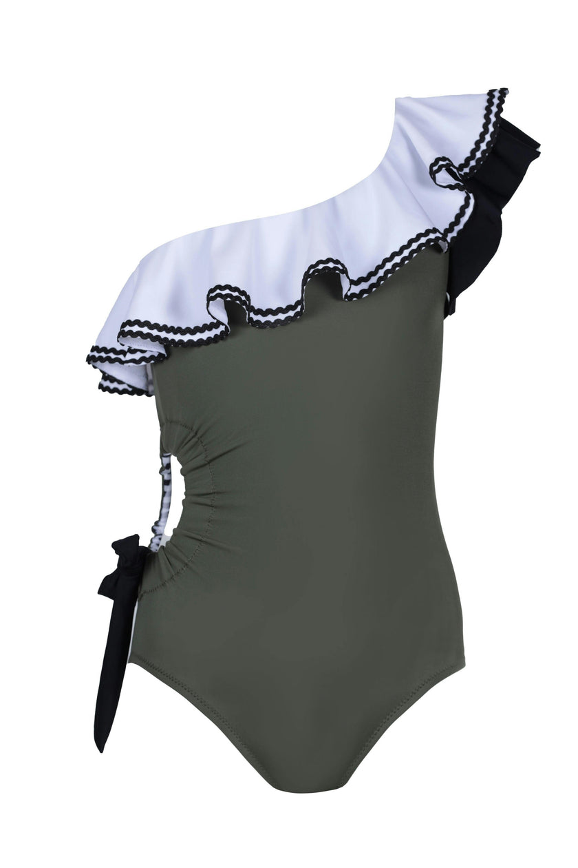 Jade Contrast Ric-Rac Ruffle One-Shoulder Cut-Out Swimsuit