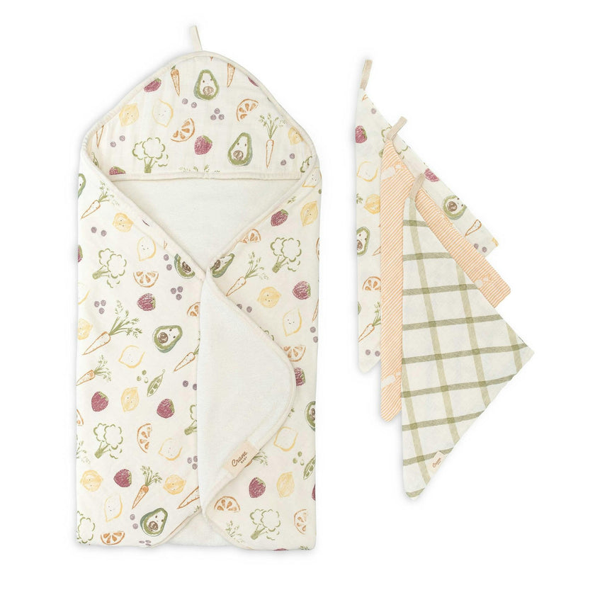 Clementine Fruits & Veggies Hooded Baby Bath Towel & Washcloth Set
