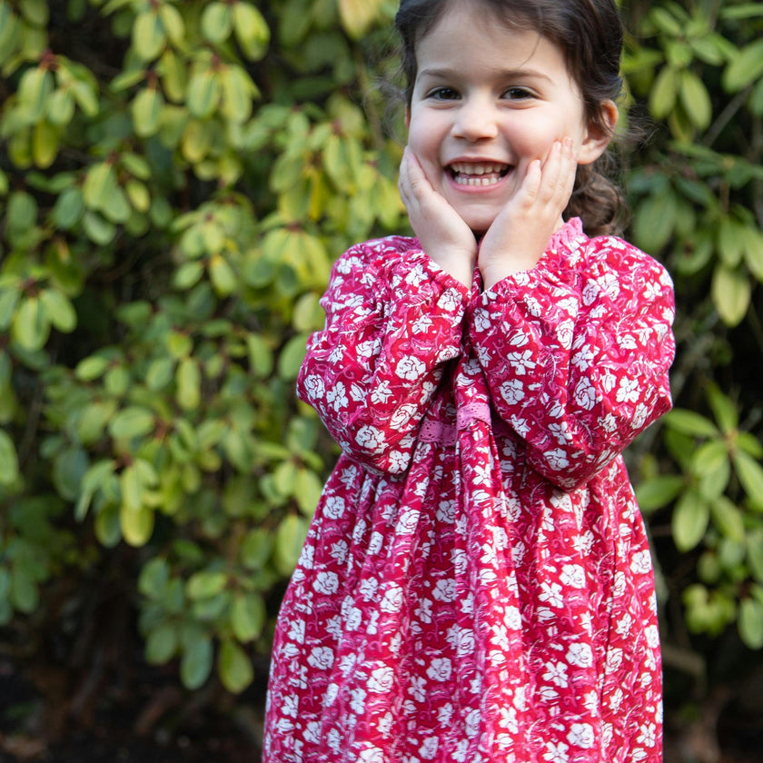 Toddler Floral Print Lace Trim Long Sleeve Dress