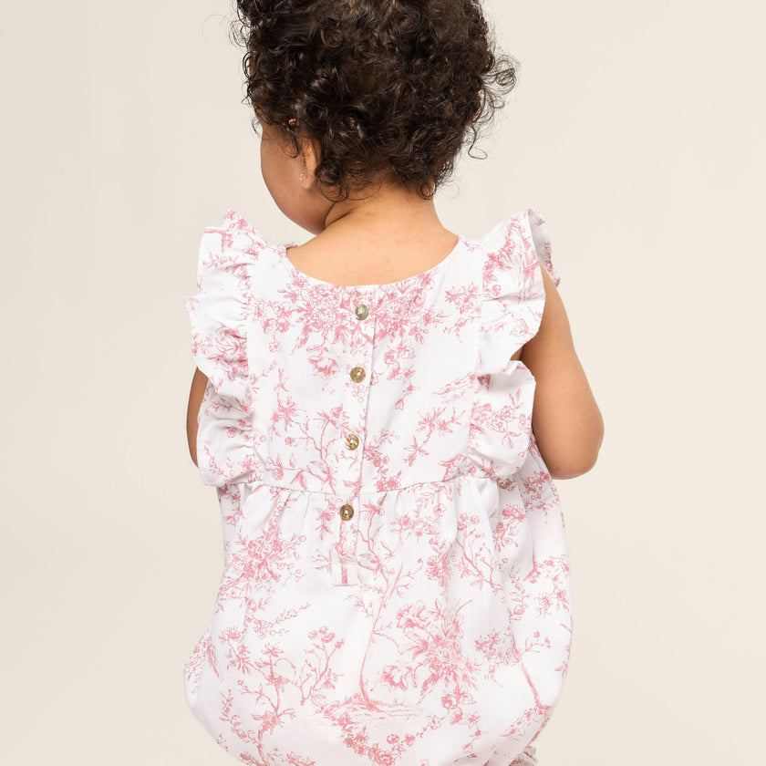 Baby's Twill Ruffled Romper in Pink Timeless Toile