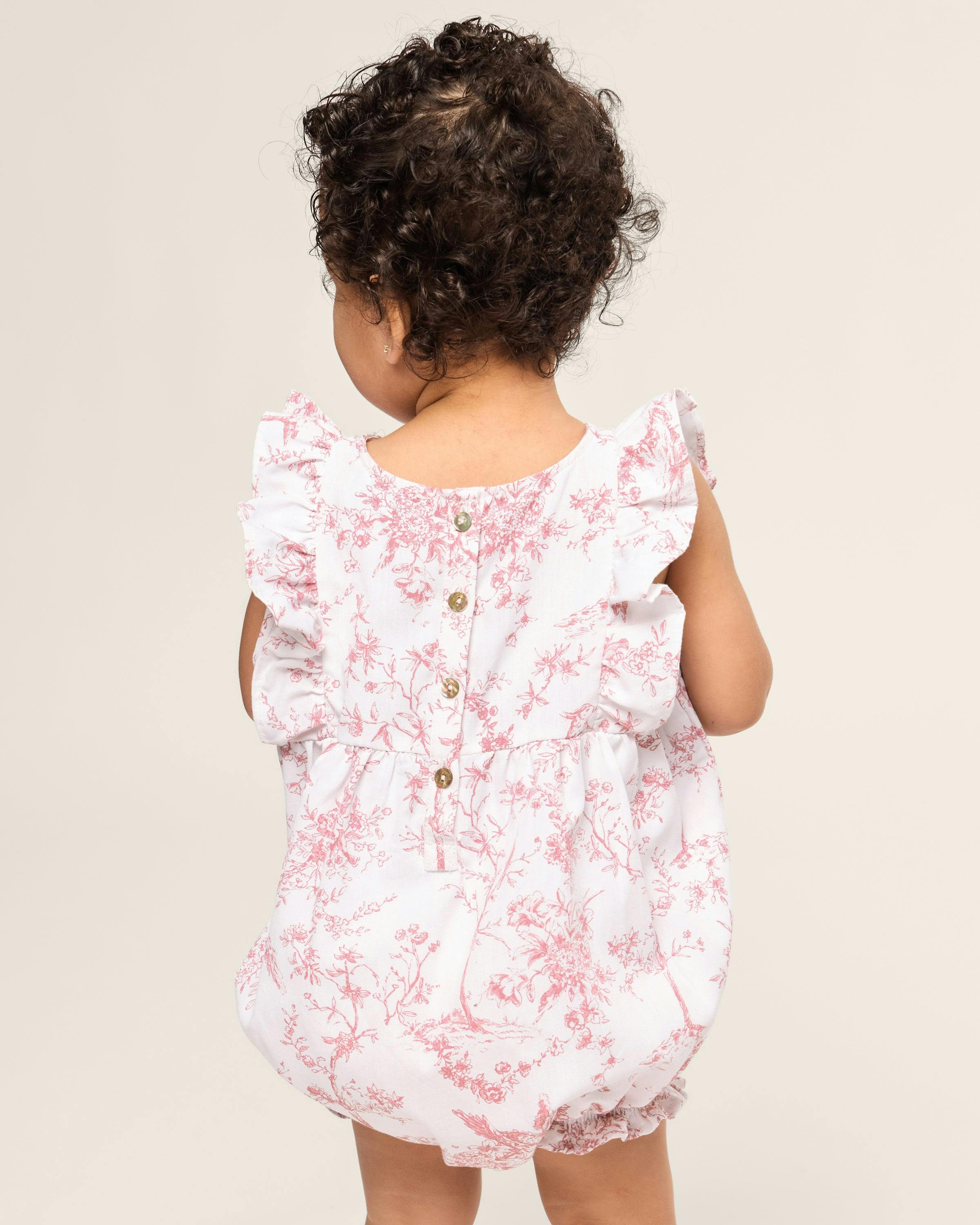 Baby's Twill Ruffled Romper in Pink Timeless Toile