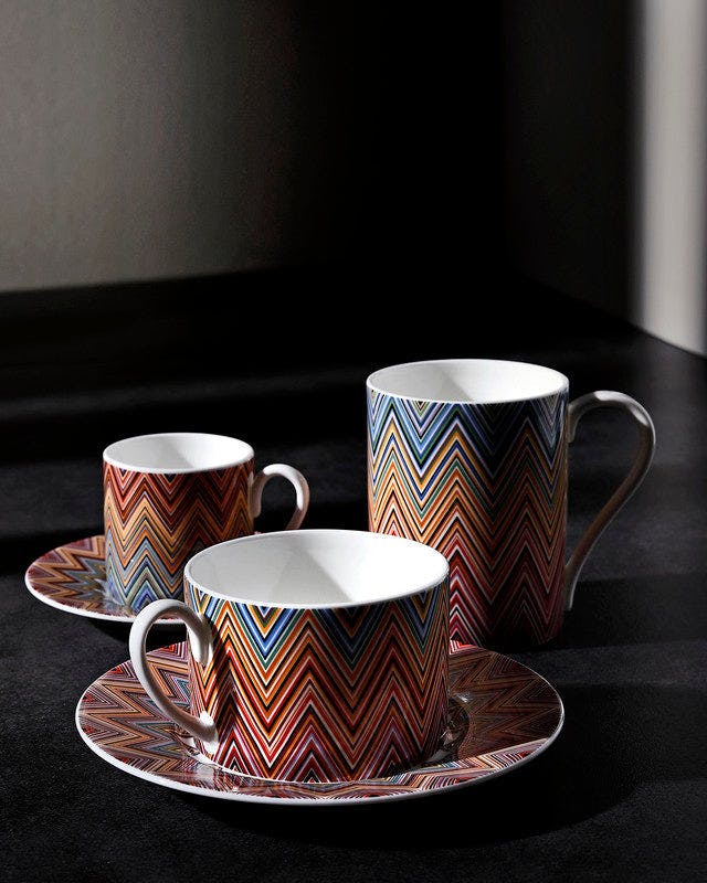 Tea Cup & Saucer ZIG ZAG Set of 2 in Luxury Box Jarris 156 diam. 3.3", H 2.3", cap. 7.5 oz, Saucer diam. 6"