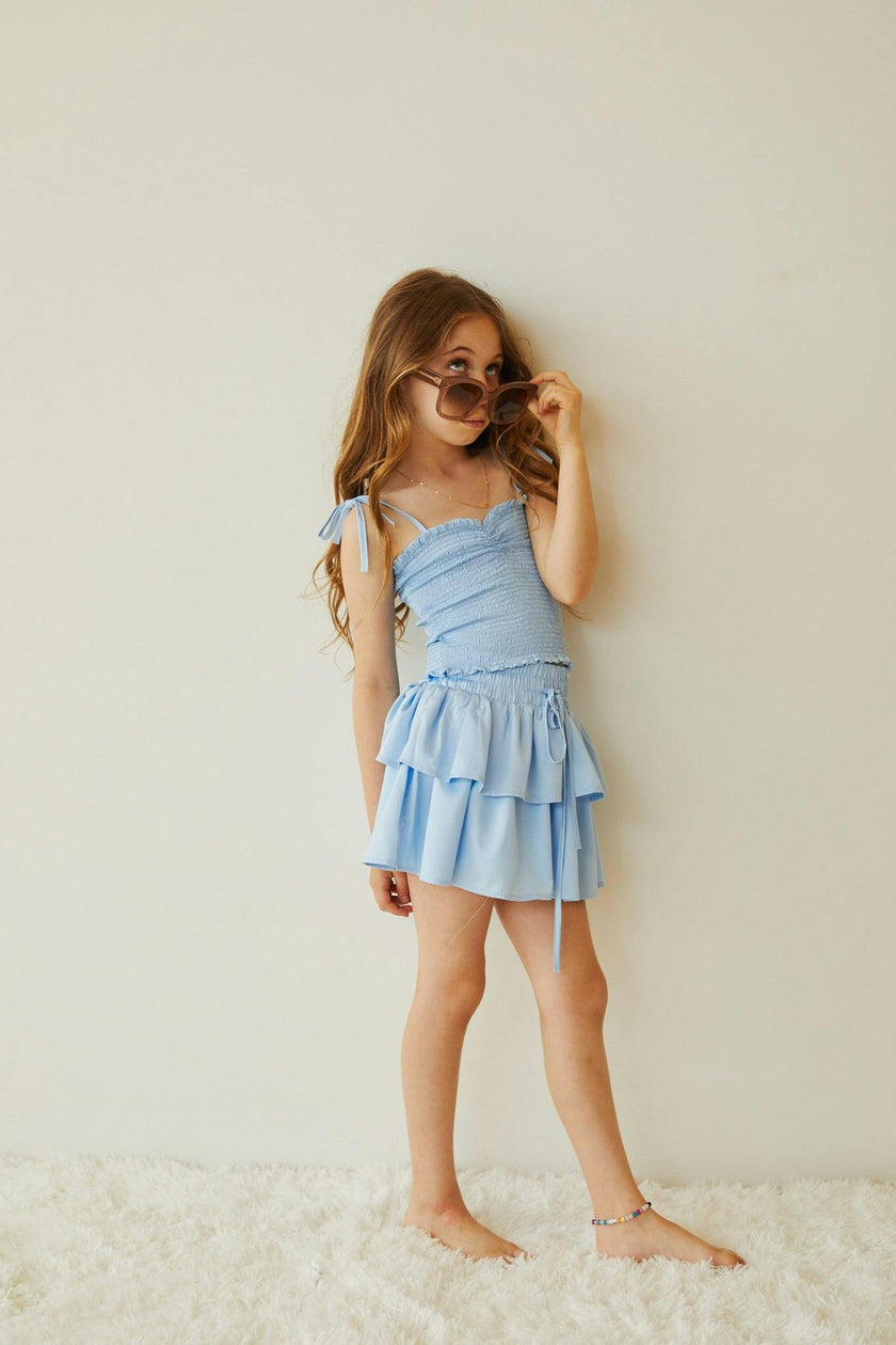 Georgia Pastel Blue Satin Smocked Top