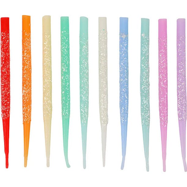 Packed Party Glitter Wishes Rainbow Birthday Candle Set of 10 - Glitter-Dipped Multicolor Pastel Beeswax Candles in Gift Box with Pink Ric Rac Handle