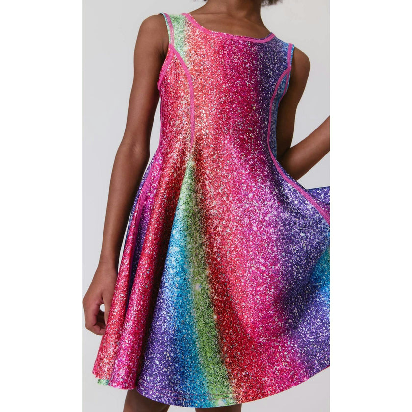 Girls Hi-Shine Skater Dress in Rainbow Glitter Foil