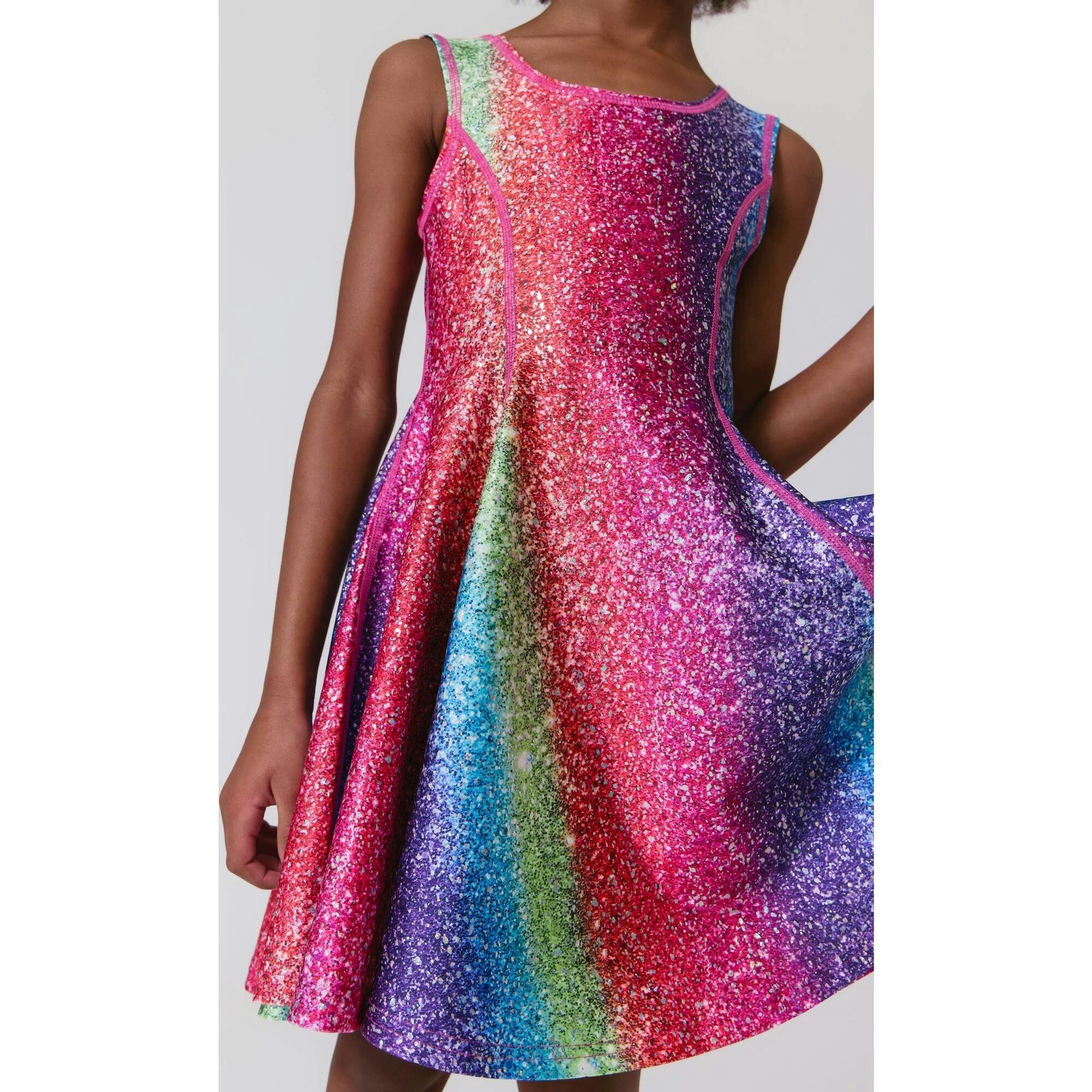 Girls Hi-Shine Skater Dress in Rainbow Glitter Foil