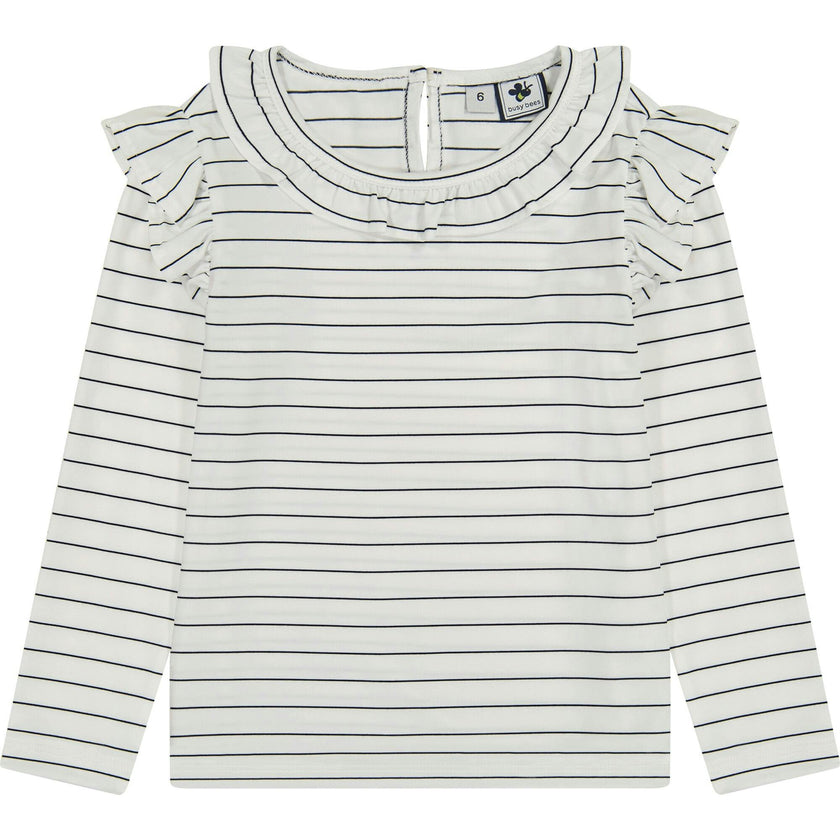 Luna Striped Ruffle Shoulder Long Sleeve A-Line Tee, Navy