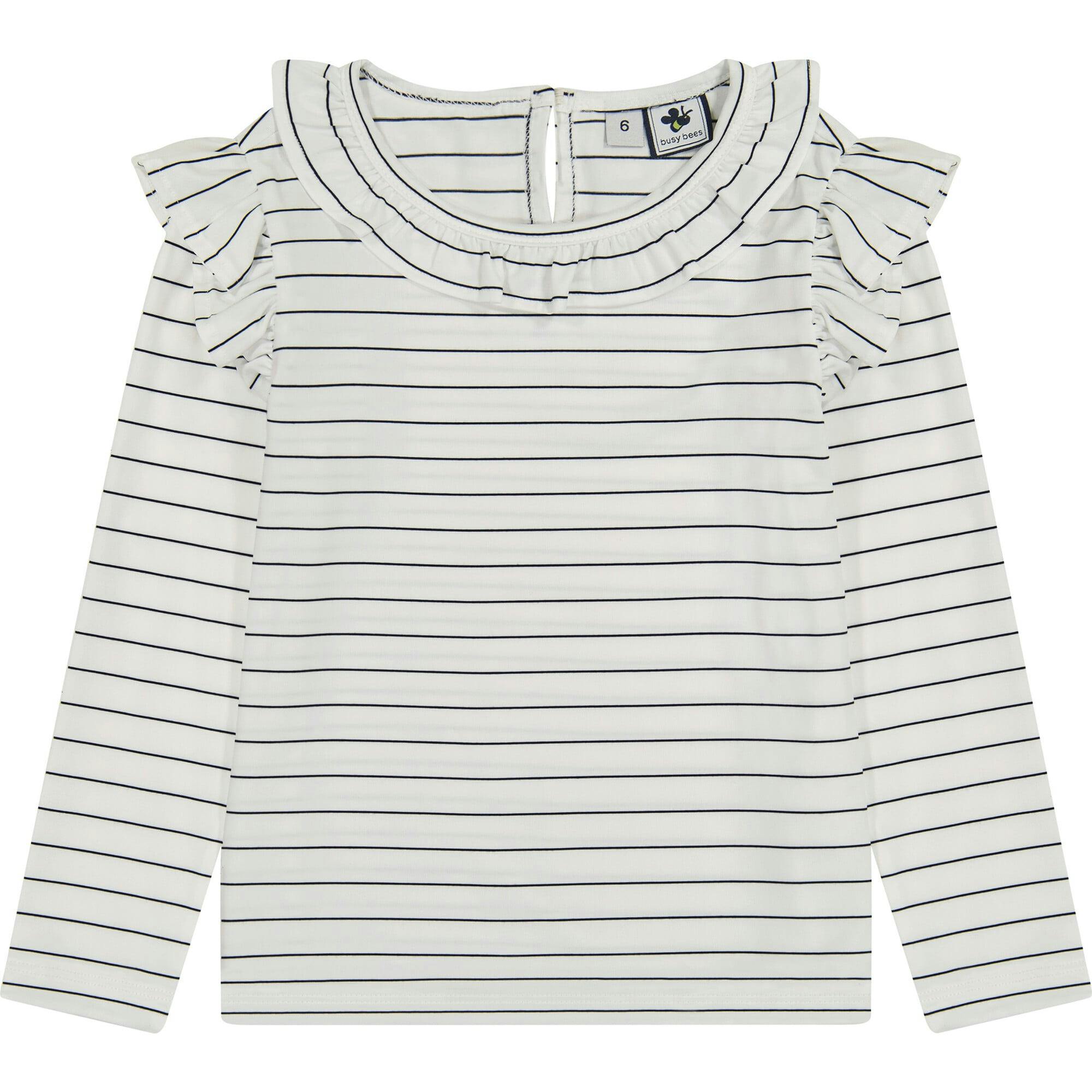 Luna Striped Ruffle Shoulder Long Sleeve A-Line Tee, Navy