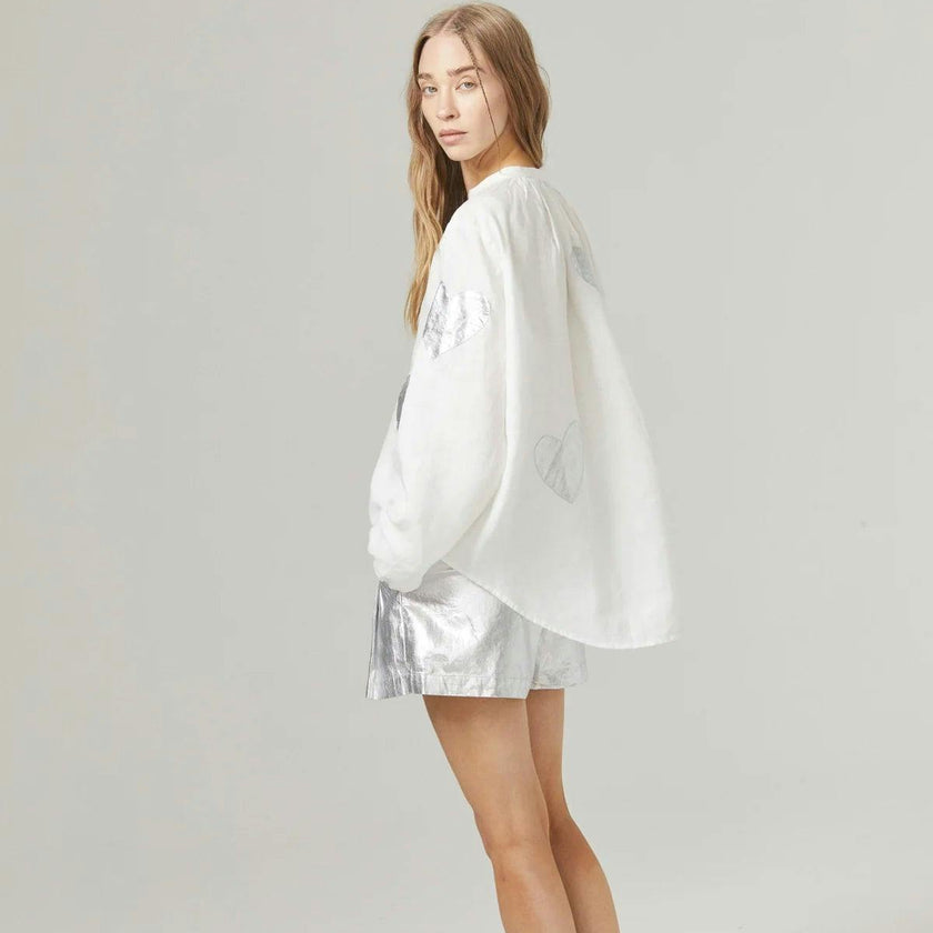 Cupid Linen Shirt - Off-white with Silver Hearts