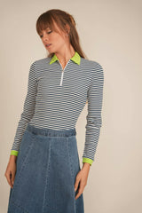 Stripped Ribbed Zipper Henley Tee