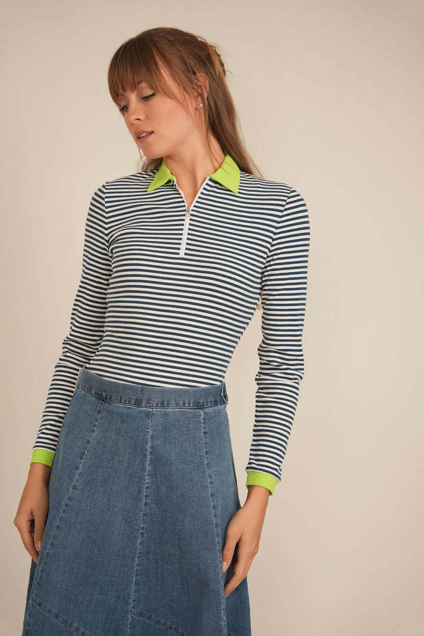 Stripped Ribbed Zipper Henley Tee