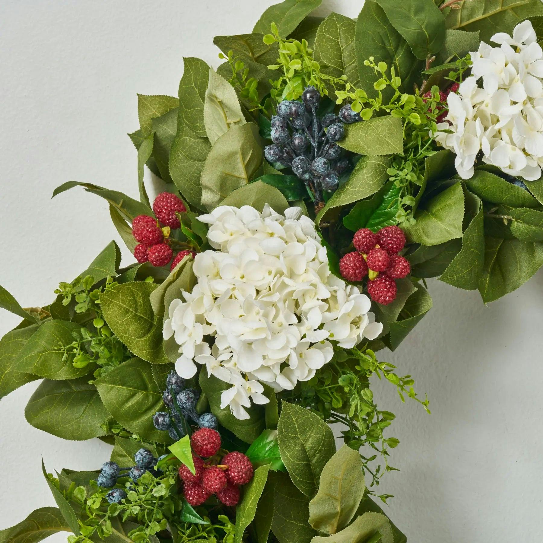 Williamsburg Style Americana Fruit Wreath with Hydrangea, Raspberry & Blueberry Summer Front Door Wreath