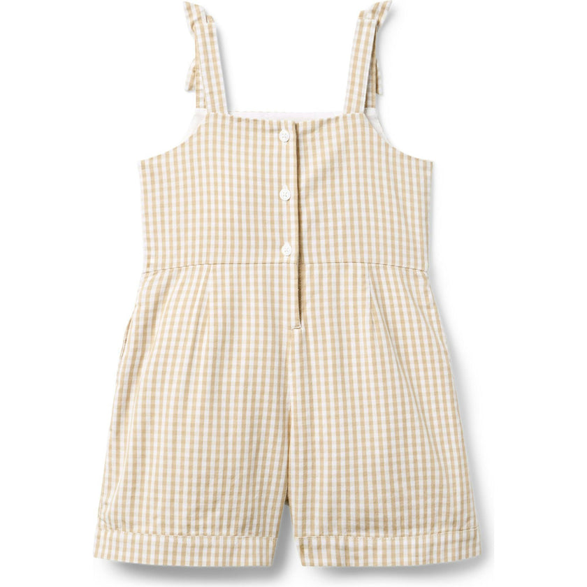 Twill Gingham Romper, Khaki