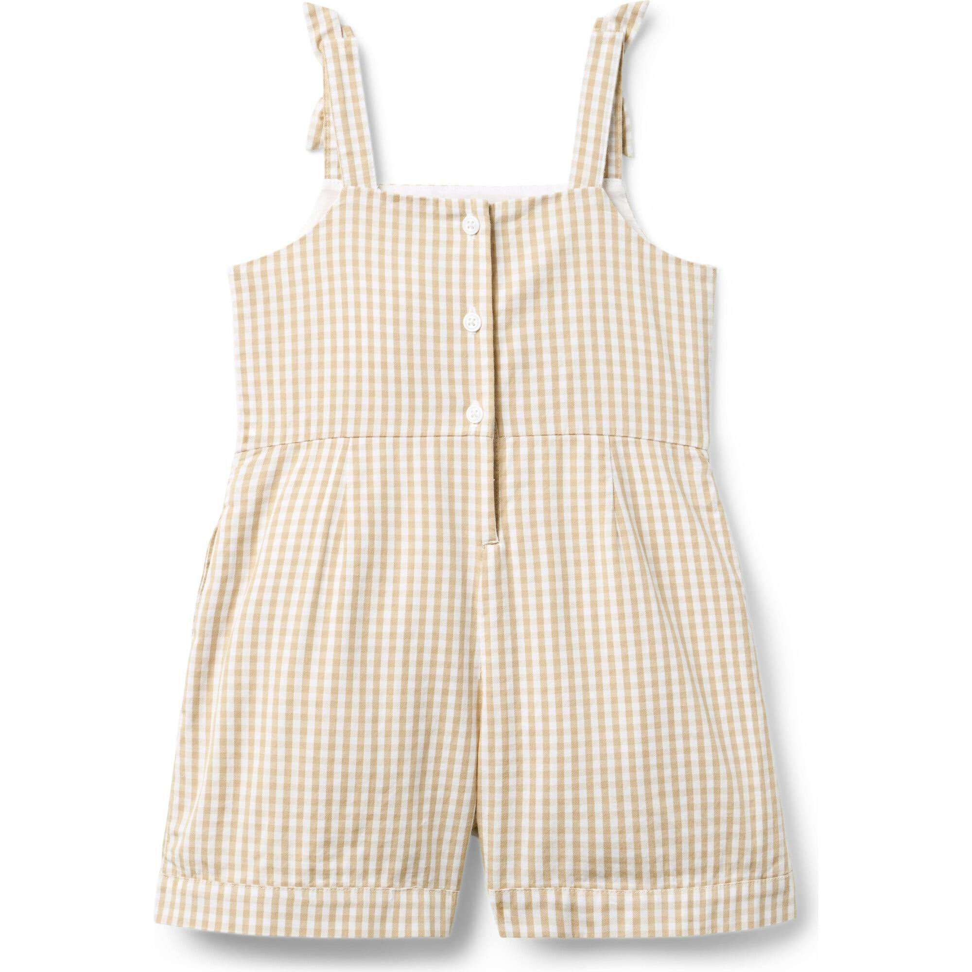 Twill Gingham Romper, Khaki