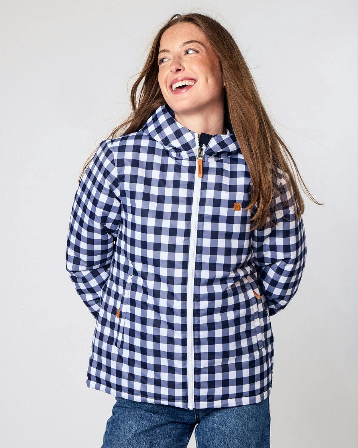 Women's Winter Coat in Navy Gingham
