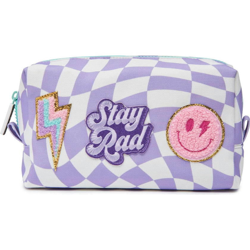 Checkered Pattern Pencil Pouch With Patches