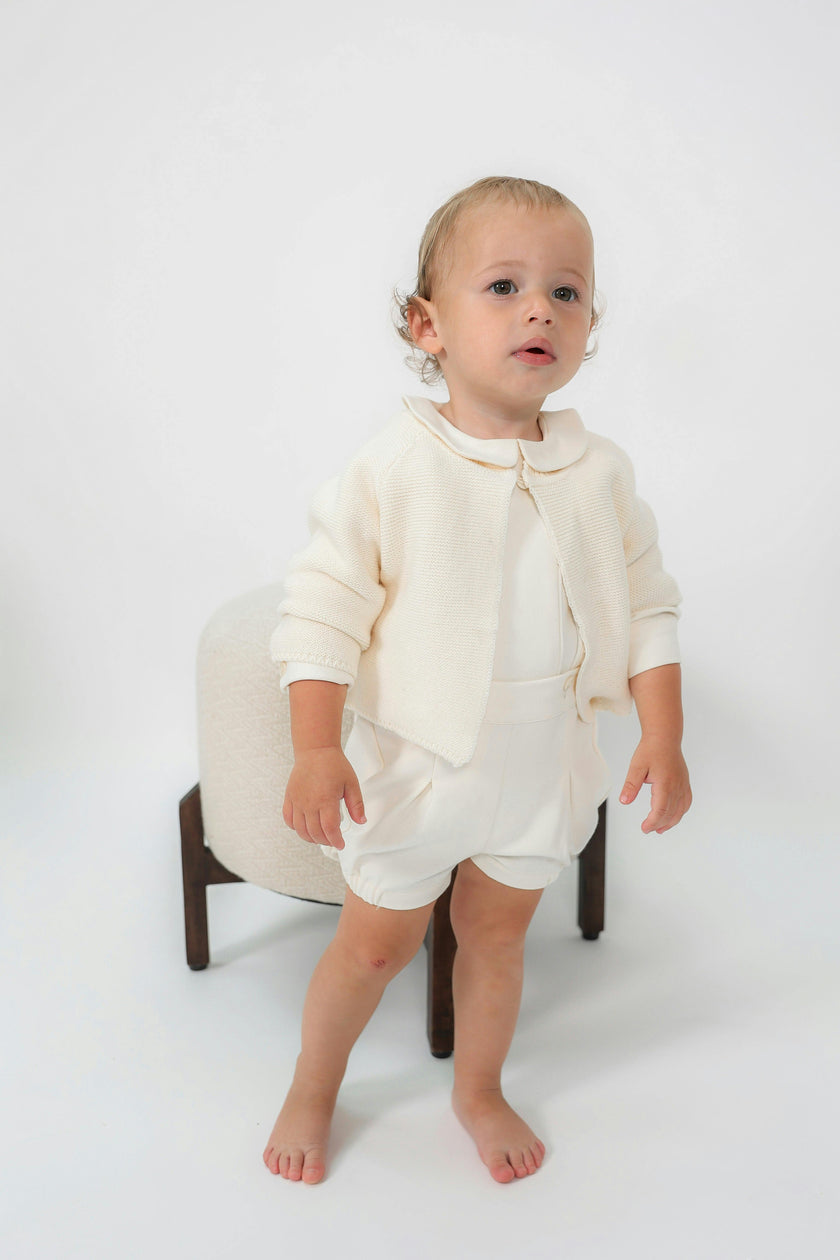 Woolen Button Front Long Sleeve Cardigan, Shirt, and Shorts Three Piece Set