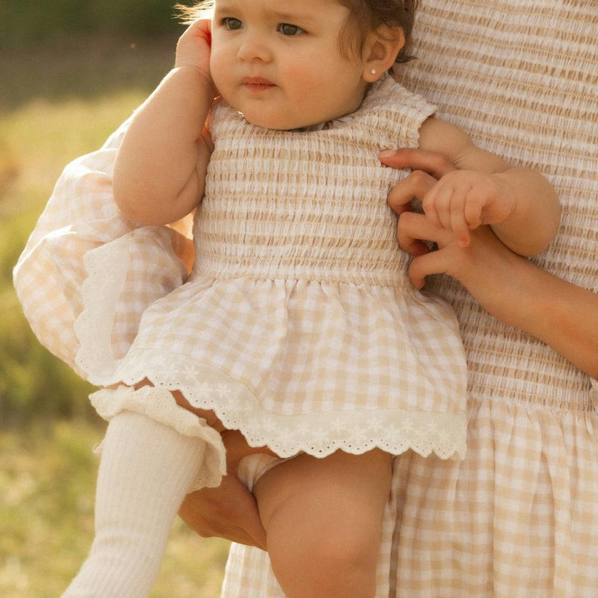 Baby Presley Sleeveless Romper in Cream Gingham
