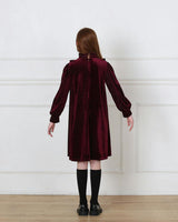 Lena Garnet Velvet Ruffle Collar Long Cuffed Sleeve Midi Dress, Red
