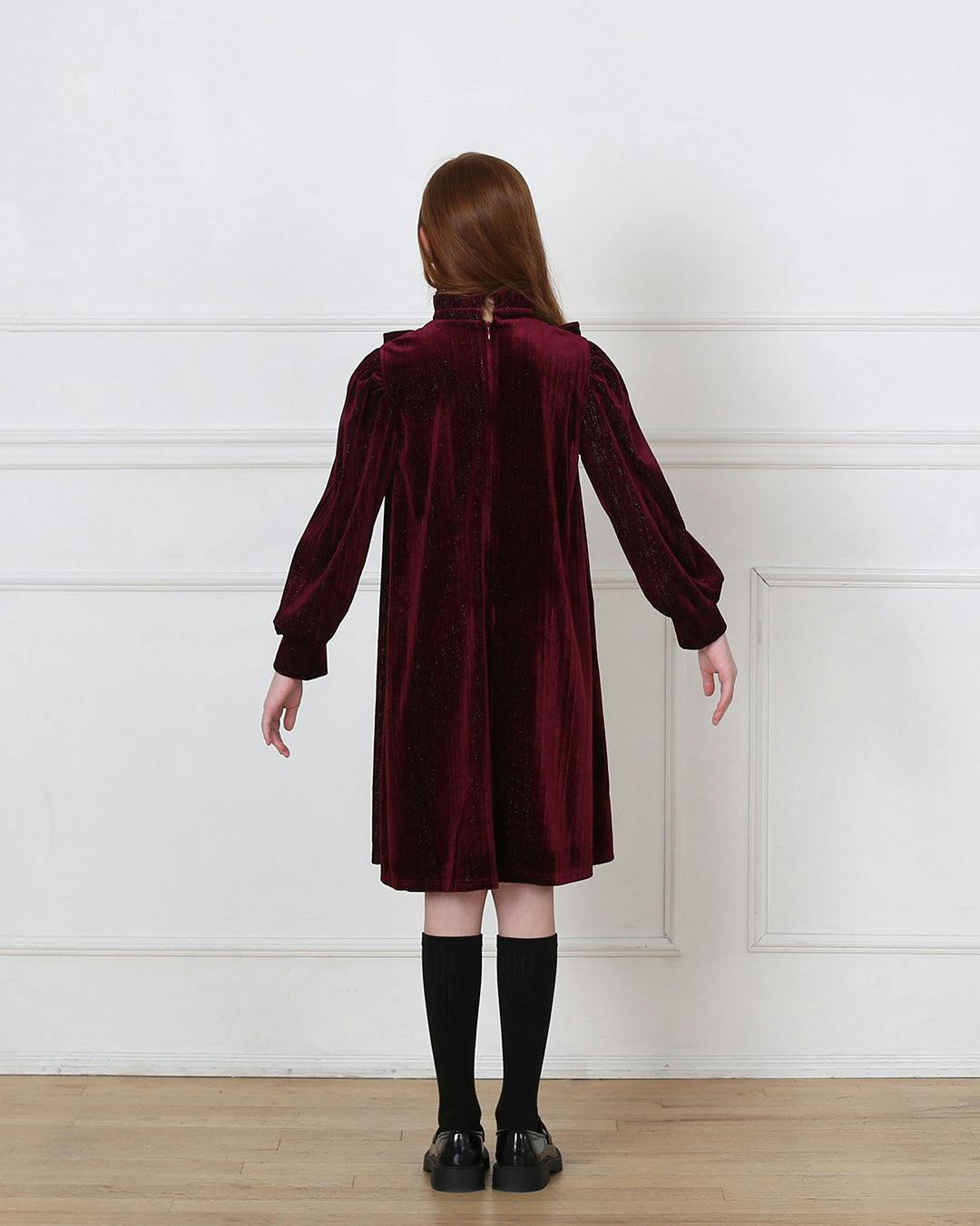 Lena Garnet Velvet Ruffle Collar Long Cuffed Sleeve Midi Dress, Red
