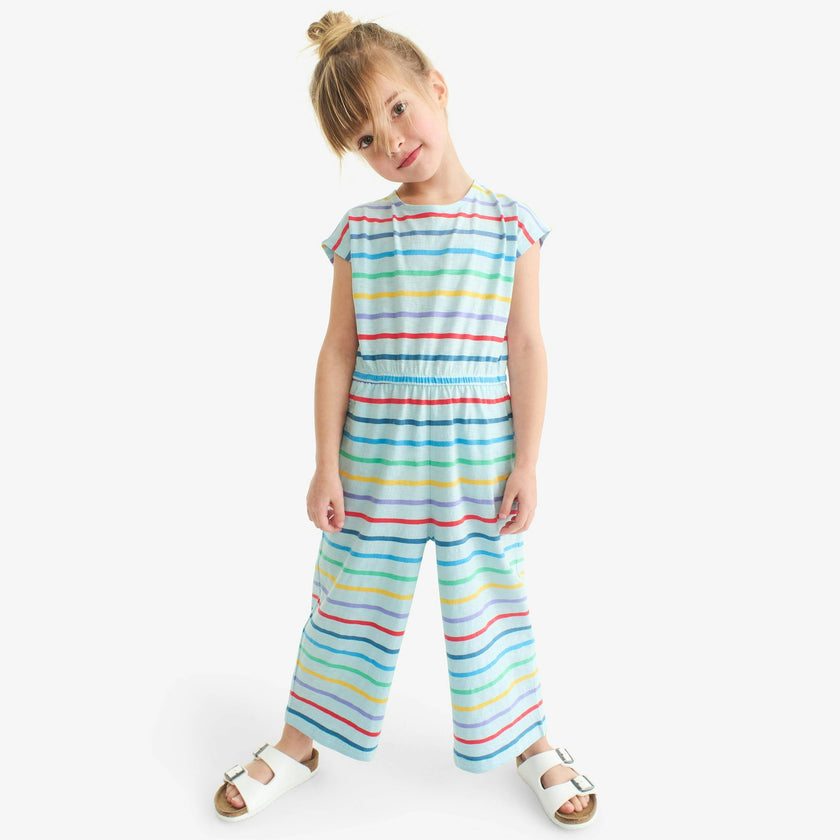 Kids backyard romper in rainbow stripe