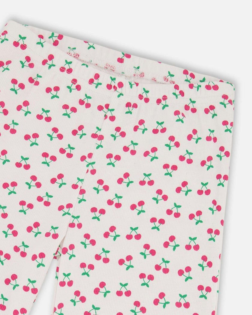 Rib Flare Leg Leggings White Printed Cherries