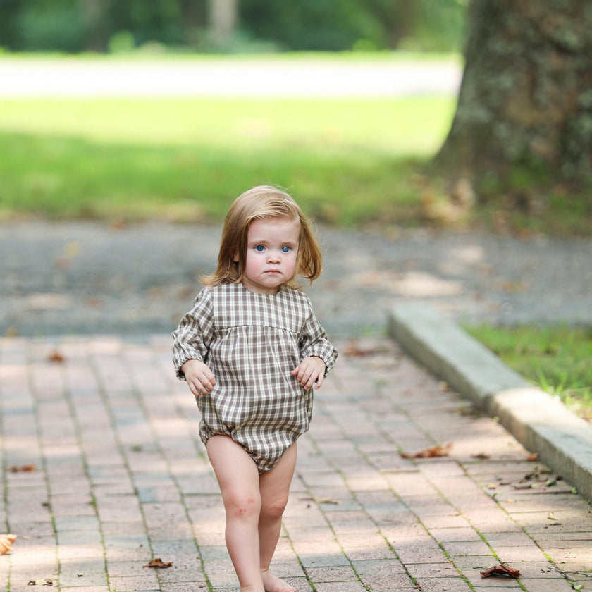 Autumn Plaid Round Neck Long Sleeve Romper