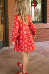 Mini Bowie Long Sleeve Dress in Poinsettia Candy Canes