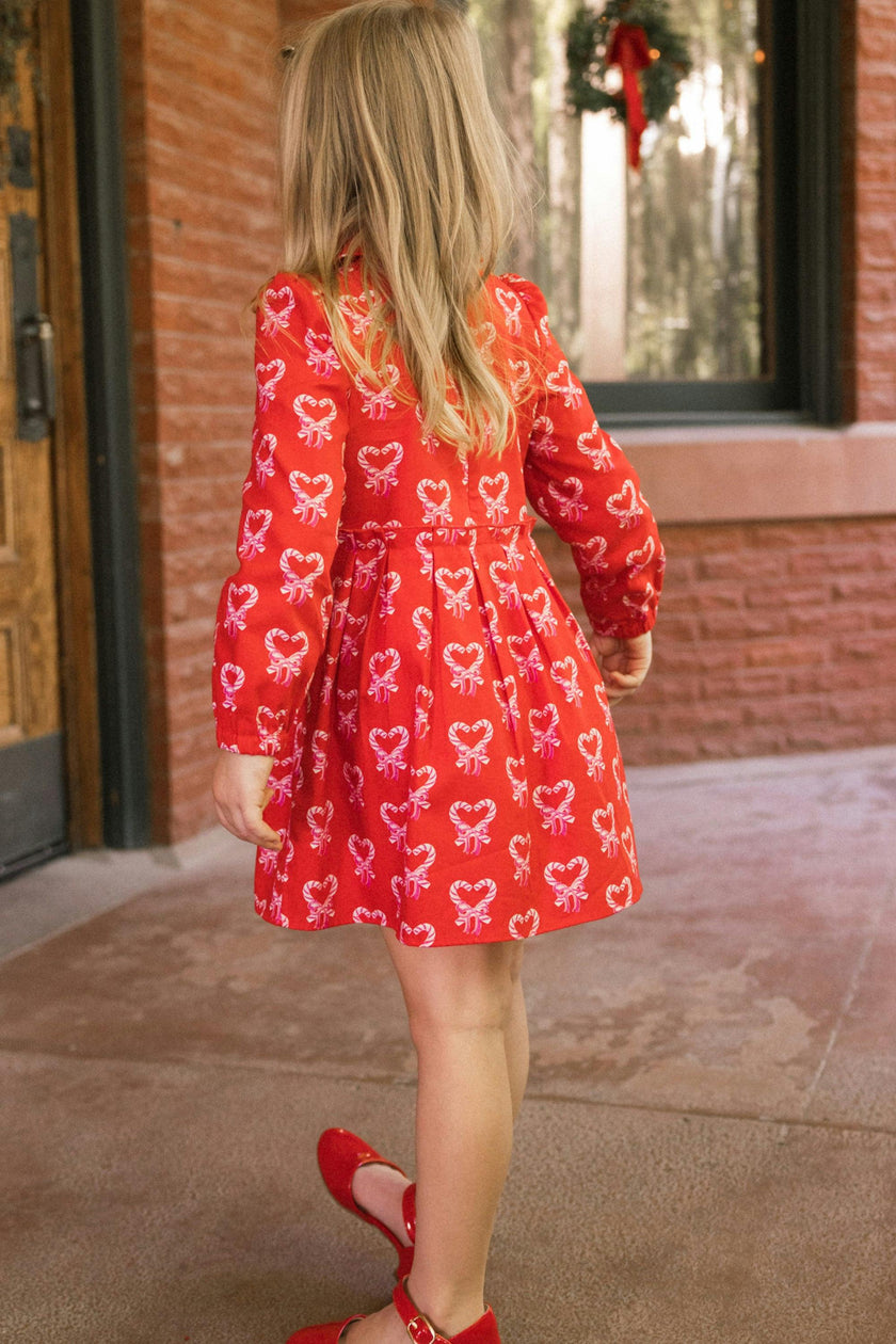 Mini Bowie Long Sleeve Dress in Poinsettia Candy Canes